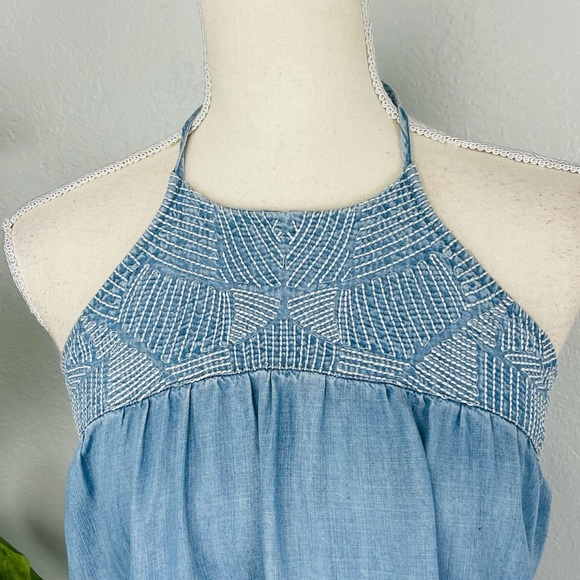 CLOTH & STONE LIGHT BLUE DENIM EMBROIDERED HALTER TOP high low pocket DRESS - Picture 7 of 7